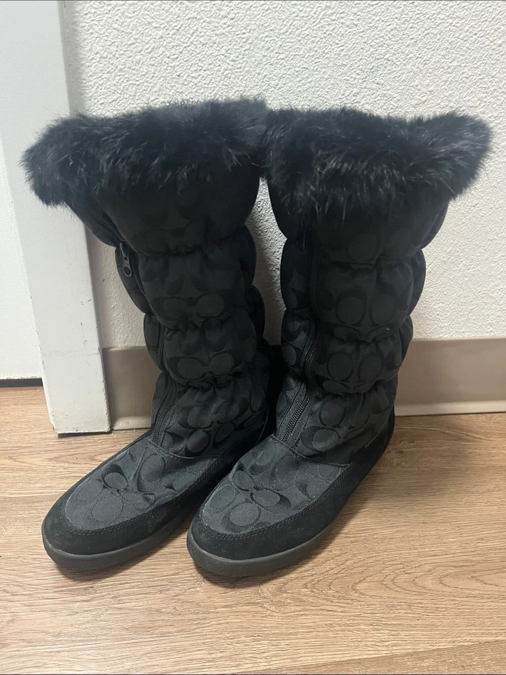 Coach Black Quilted Signature Logo Fur-Trim Winter Boots